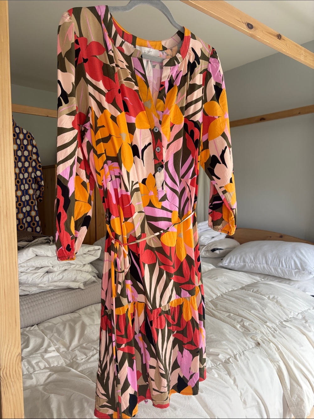 LOFT Pink, Orange, and Brown Floral Wrap Dress